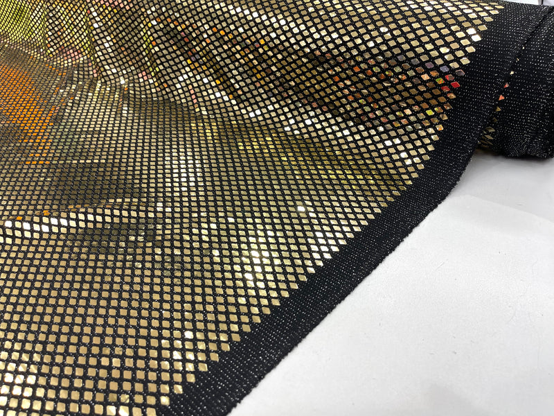 Gold Diamond Sequin On Black Metallic Lurex 2 Way Stretch Fabric- Sold By The Yard