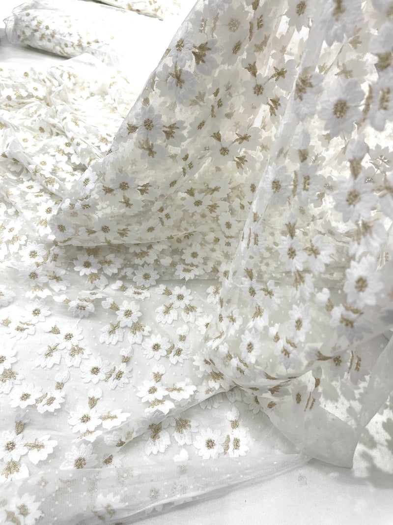 Ivory/Gold metallic French inspired embroidered lace fabric, delicate floral embroidery, soft off white dot tulle mesh and designer fashion