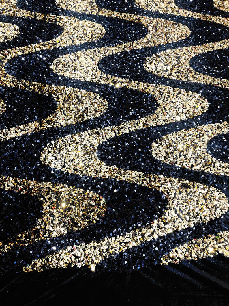 Gold/Black Sequin Wave Design stretch Velvet All Over Sequin.