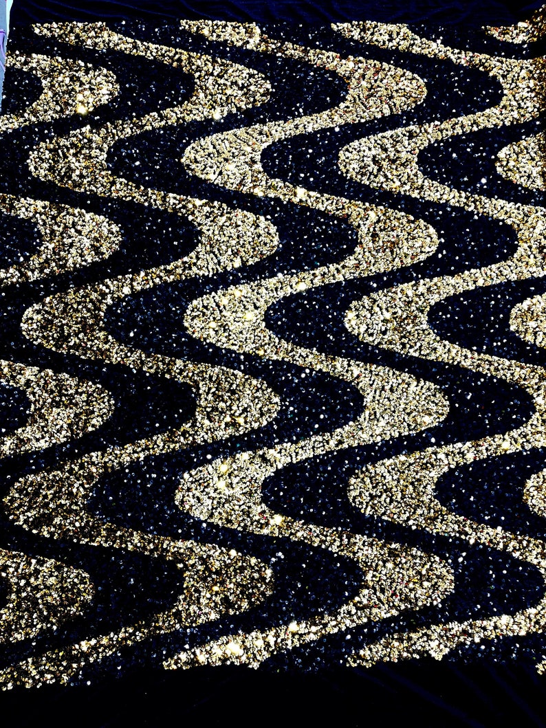 Gold/Black Sequin Wave Design stretch Velvet All Over Sequin.