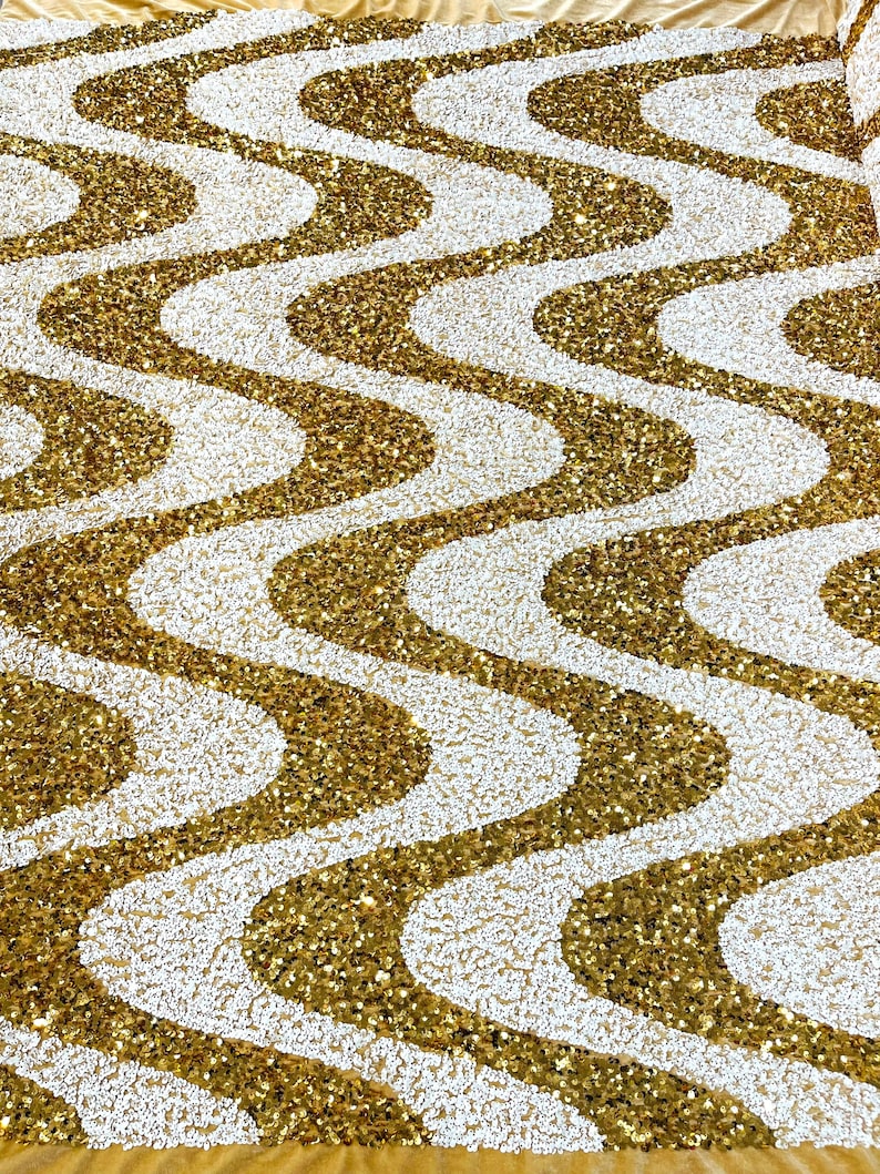 Gold/White Sequin Wave Design stretch Velvet All Over Sequin.