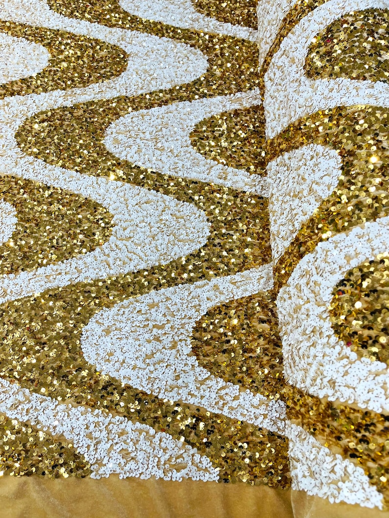 Gold/White Sequin Wave Design stretch Velvet All Over Sequin.