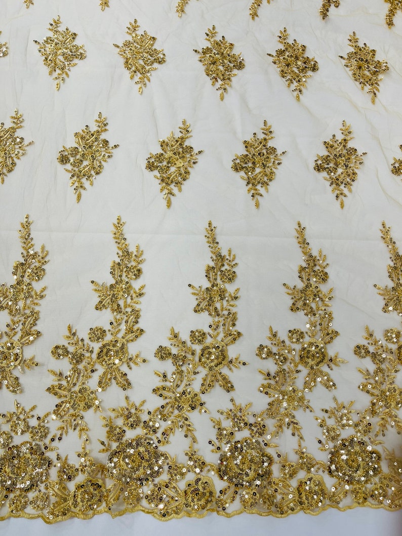 Gold Floral design embroider and beaded on a mesh lace fabric-Wedding/Bridal/Prom/Nightgown fabric