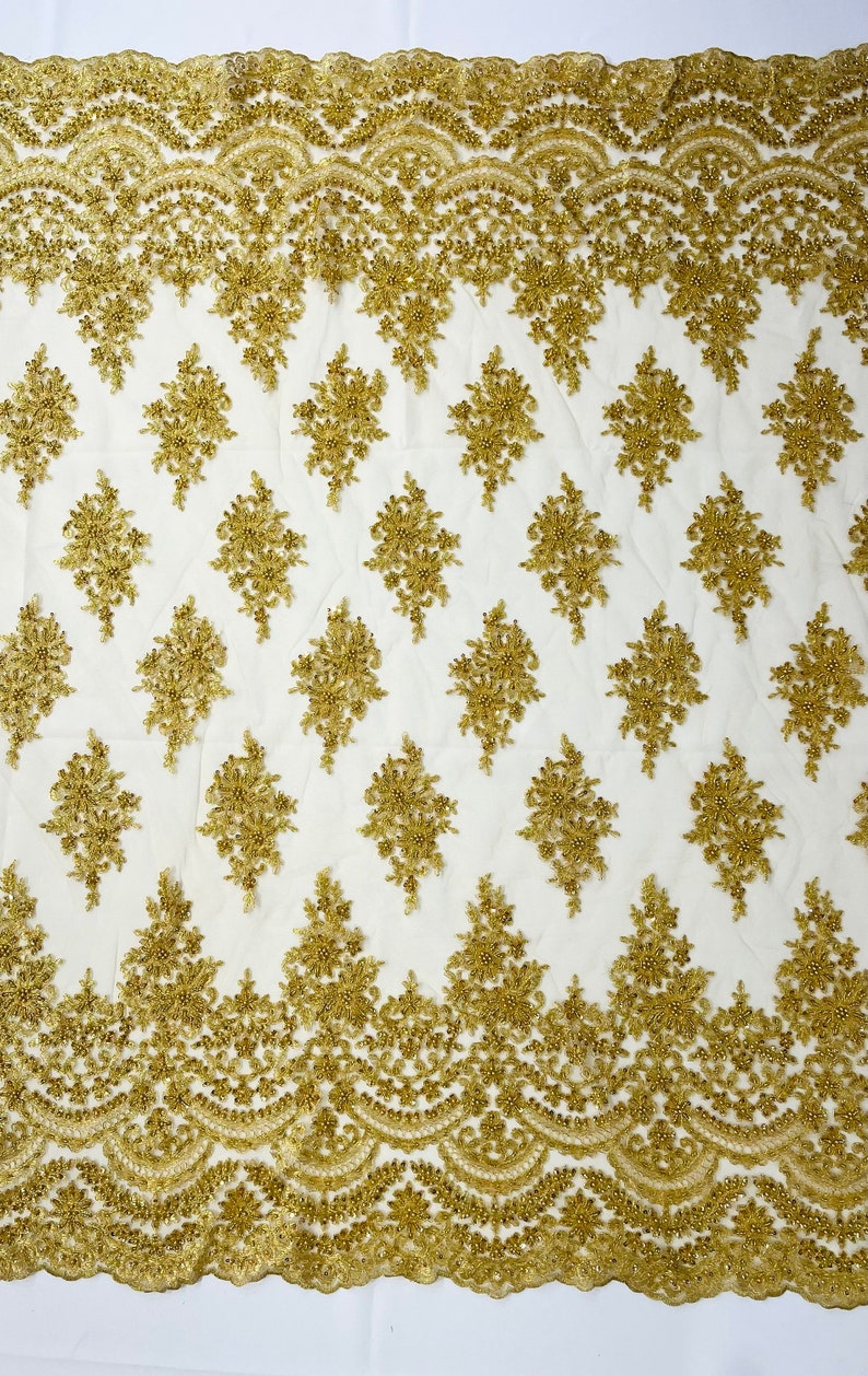 Gold Erin Diamond Beaded Metallic Floral Embroider On a Mesh Lace Fabric-Sold By The Yard