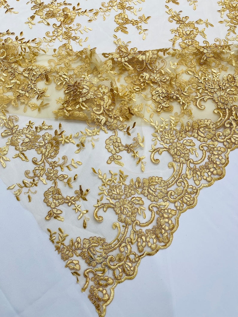 Gold Corded embroider flowers on a mesh lace fabric-prom-sold by the yard.