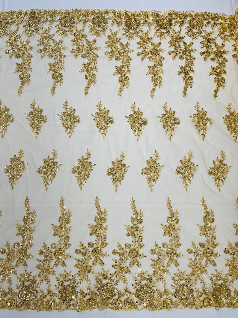 Gold Floral design embroider and beaded on a mesh lace fabric-Wedding/Bridal/Prom/Nightgown fabric