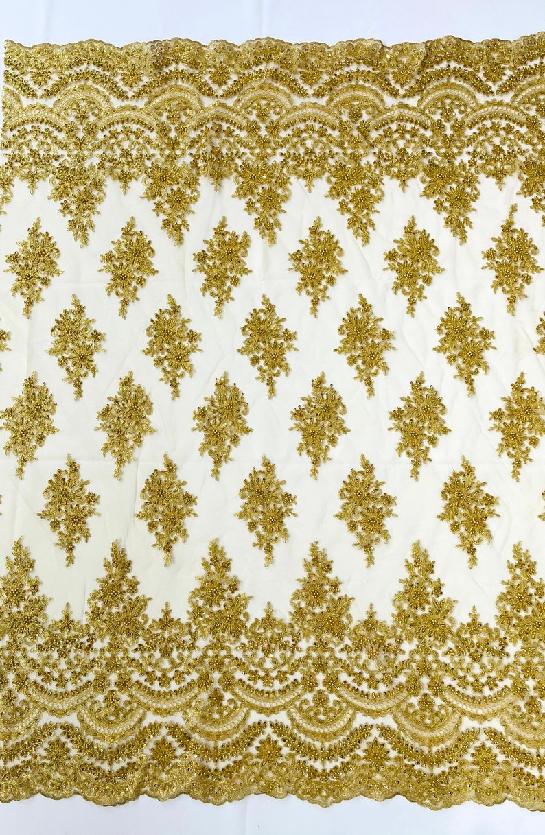 Gold Erin Diamond Beaded Metallic Floral Embroider On a Mesh Lace Fabric-Sold By The Yard