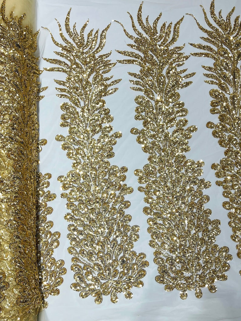Gold Vegas heavy beaded and sequins feather design embroidery on a mesh fabric-Sold by the 1 Feather Panel W-12Inc x L-48Inc.
