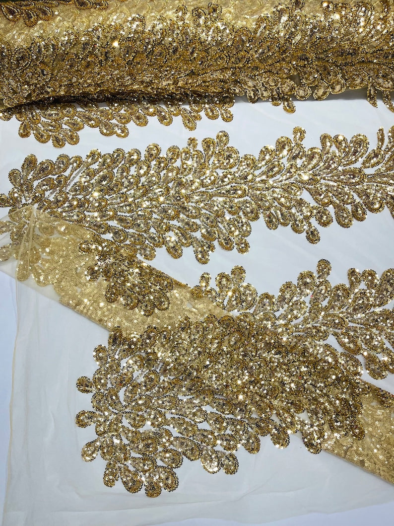Gold Vegas heavy beaded and sequins feather design embroidery on a mesh fabric-Sold by the 1 Feather Panel W-12Inc x L-48Inc.