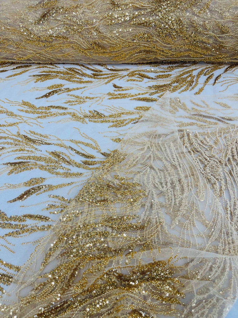 Gold Floral design embroider and beaded on a mesh lace fabric-Wedding/Bridal/Prom/Nightgown fabric