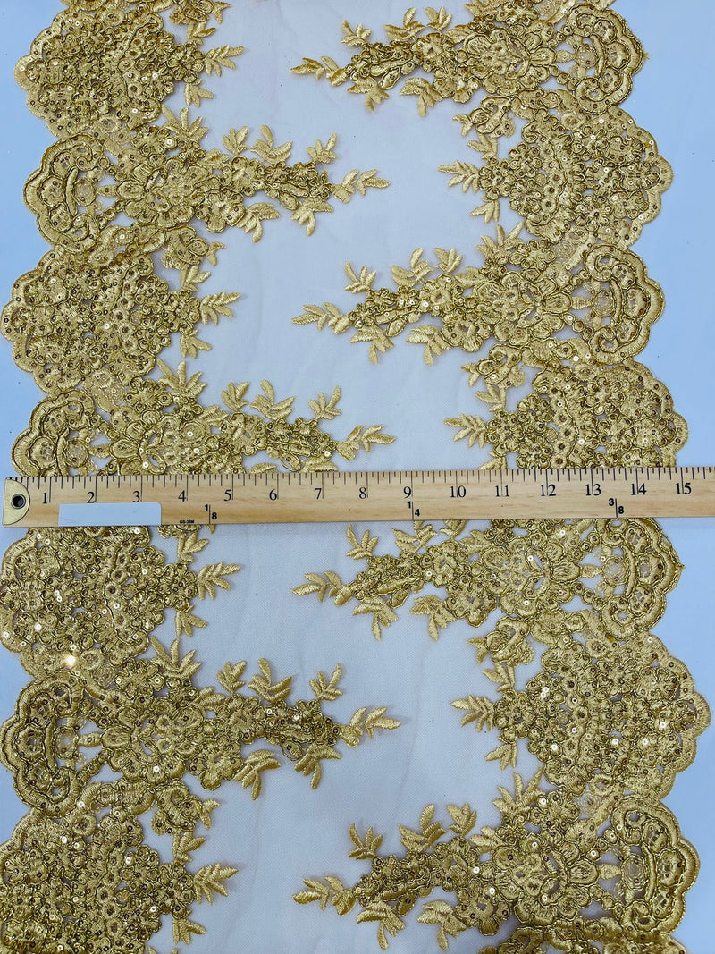 14"Wide Sequins Metallic Embroidered Lace on Mesh Fabric, Trim Lace, Table Runner. Sold By The Yard.