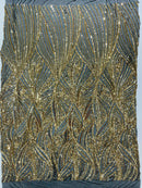 Geometric Feather wing shiny sequin design on a 4 way stretch mesh Fabric-sold by the yard.