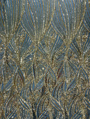 Geometric Feather wing shiny sequin design on a 4 way stretch mesh Fabric-sold by the yard.