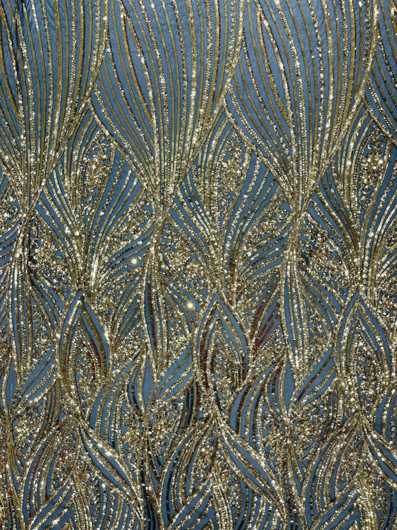 Geometric Feather wing shiny sequin design on a 4 way stretch mesh Fabric-old by the yard.