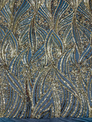 Geometric Feather wing shiny sequin design on a 4 way stretch mesh Fabric-sold by the yard.