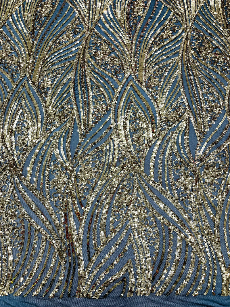 Geometric Feather wing shiny sequin design on a 4 way stretch mesh Fabric-old by the yard.