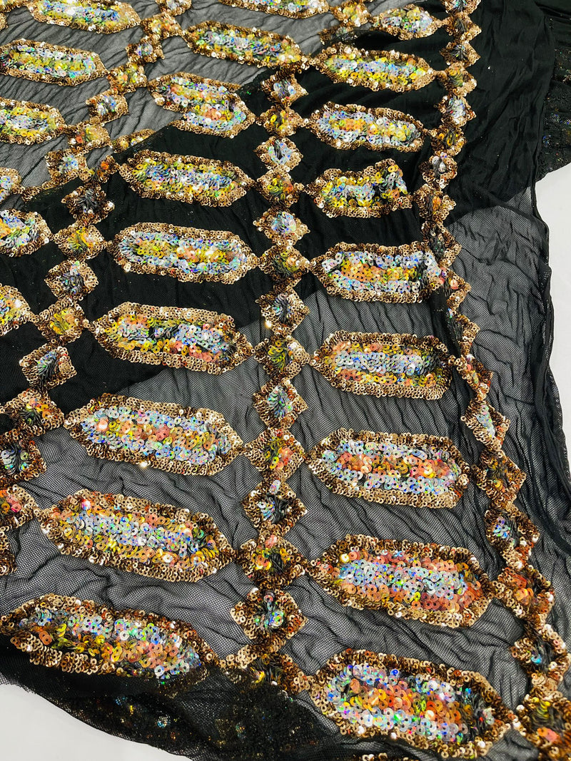 Gold/Silver multi color iridescent Jewel sequin design on a black 4 way stretch mesh fabric.