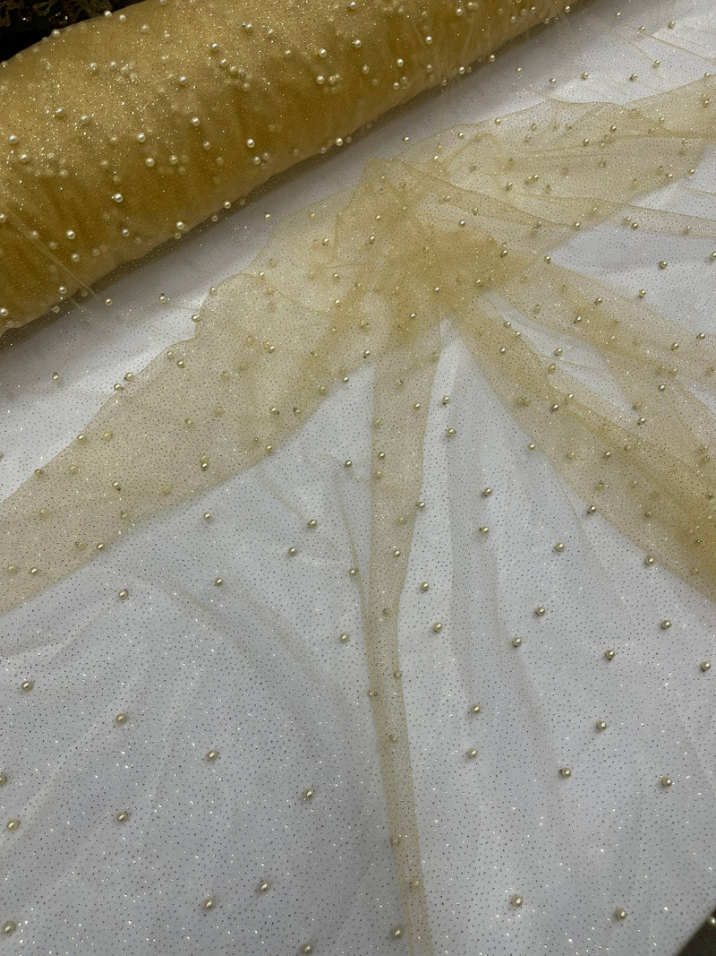 Pearl Glitter Studded Mesh, 2-Way Stretch Shimmer Mesh Fabric, Sold by the yard.