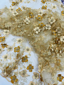 Multi Color 3D Floral Design Embroider with Pearls in a Mesh Lace Fabric -Sold by the yard.
