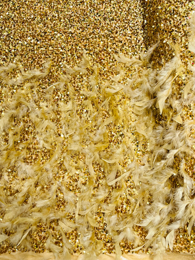 Gold 5mm sequins on a stretch velvet with feathers 2-way stretch, sold by the yard