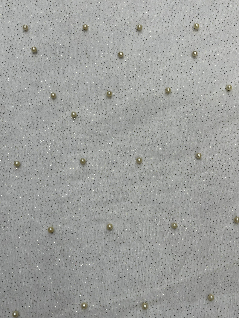 Pearl Glitter Studded Mesh, 2-Way Stretch Shimmer Mesh Fabric, Sold by the yard.