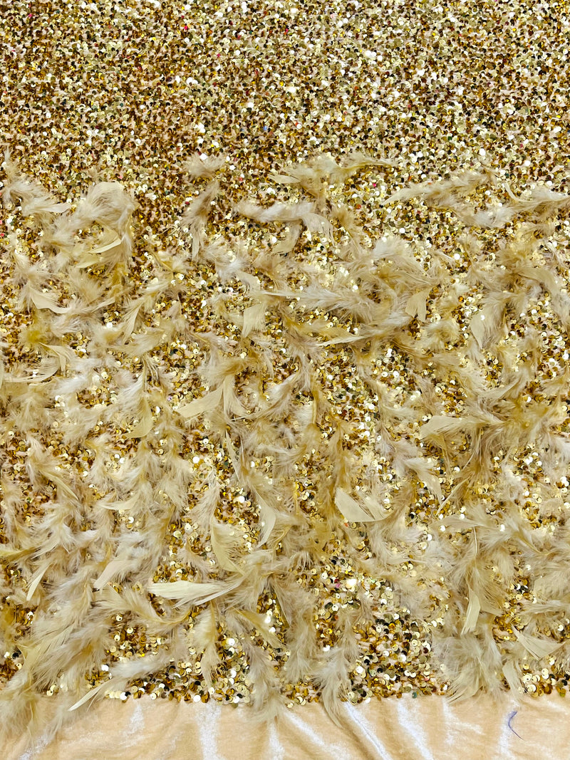 Gold 5mm sequins on a stretch velvet with feathers 2-way stretch, sold by the yard