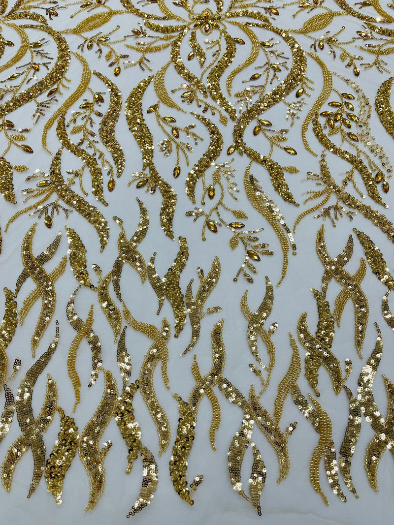 Gold Vine Design Embroider And Heavy Beading/Sequins On A Mesh Lace Fabric/Wedding Lace/Costplay.