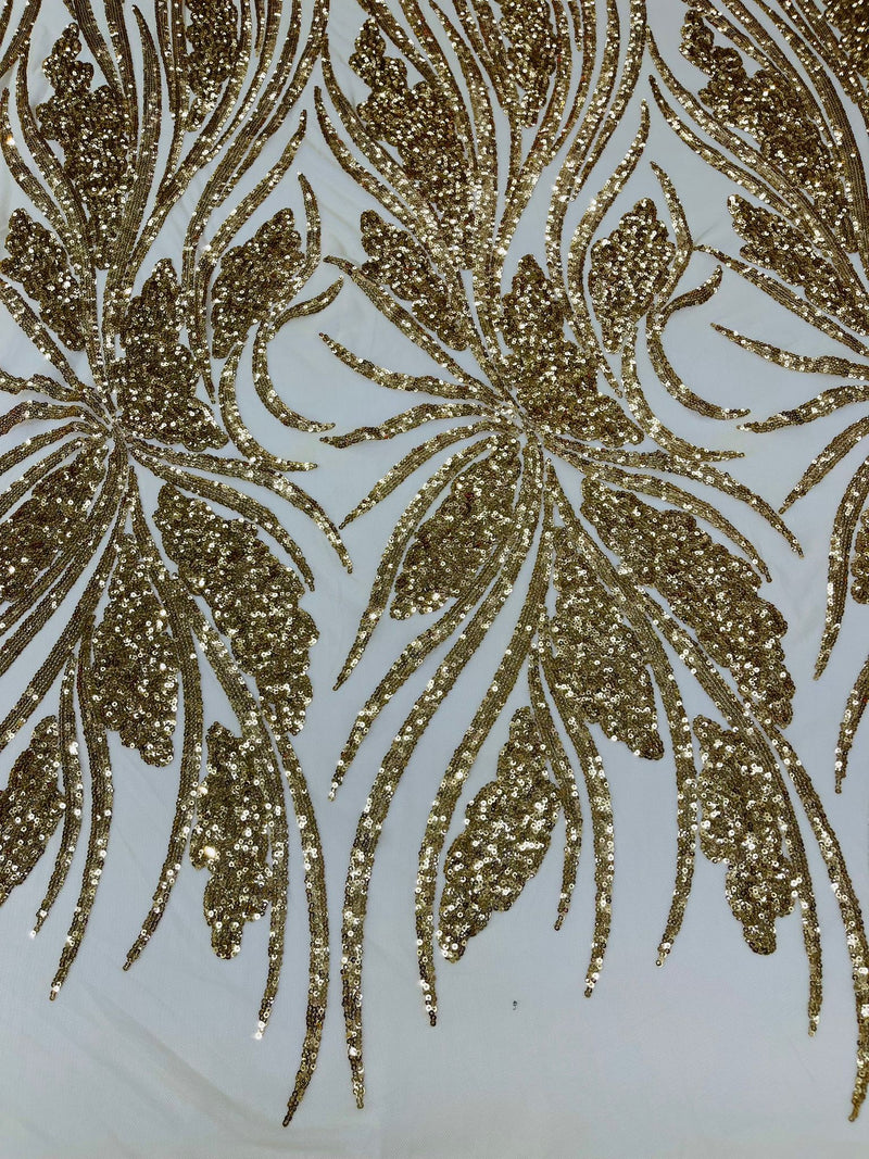 Feather damask shiny sequin design on a 4 way stretch mesh Fabric-sold by The yard.