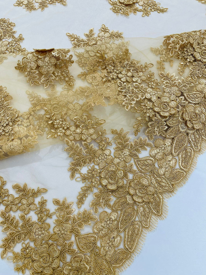 Gold 5mm sequins on a stretch velvet with feathers 2-way stretch, sold by the yard