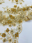 Multi Color 3D Floral Design Embroider with Pearls in a Mesh Lace Fabric -Sold by the yard.