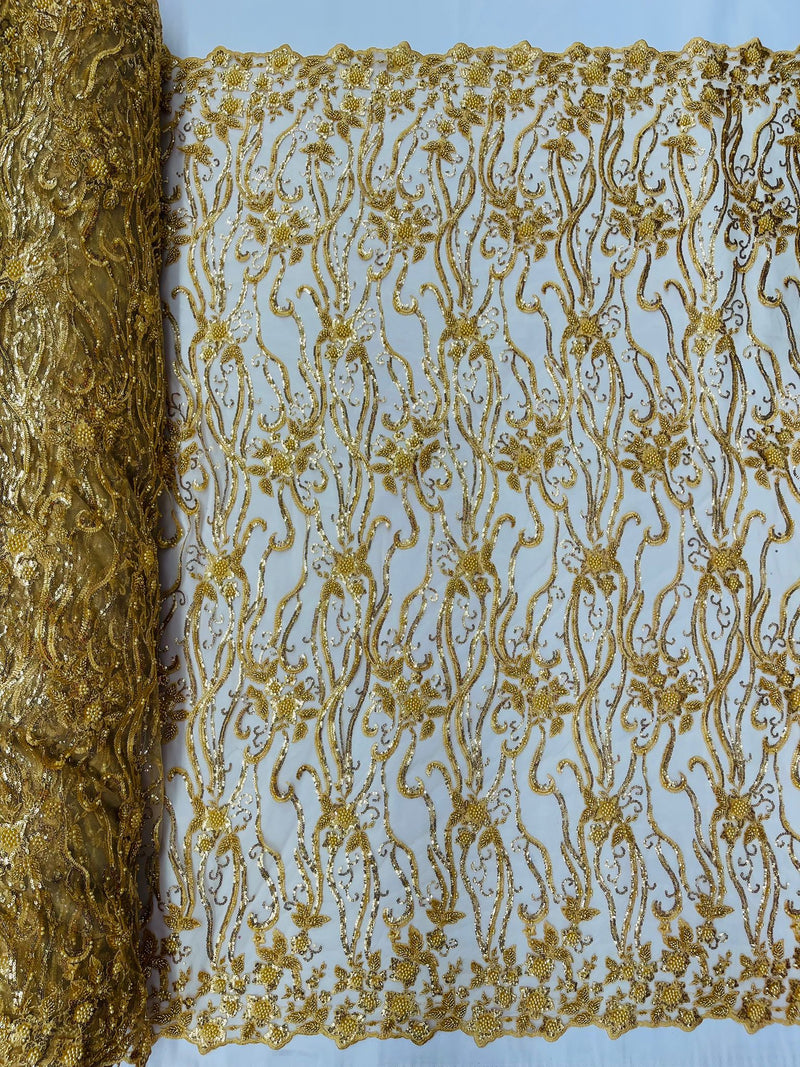 Gold Vine Floral Beaded Lace/Sequin Embroider Lace Fabric - Sold By the Yard.