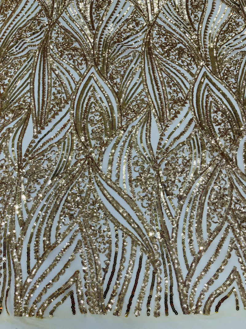 Geometric Feather wing shiny sequin design on a 4 way stretch mesh Fabric-old by the yard.