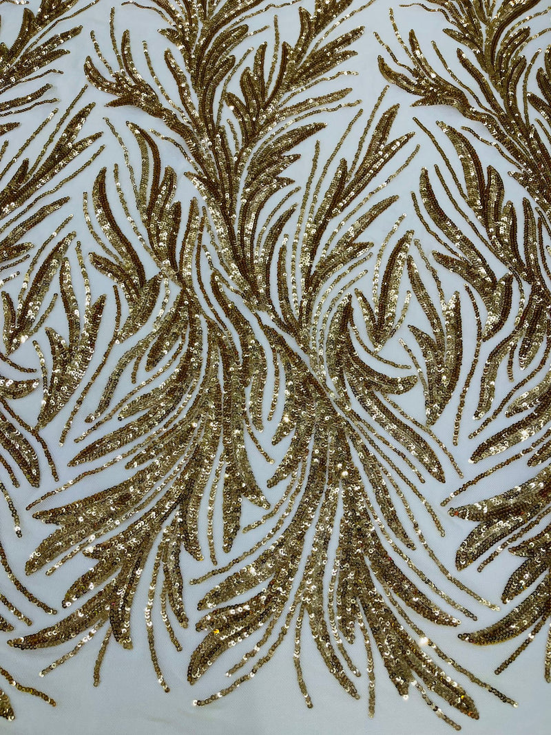 Feather Wing Shiny Sequin Design on a 4 Way Stretch mesh Fabric-Prom-Sold by The Yard.