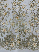 Princess Glitter 3d floral design embroidery with pearls in a mesh lace-sold by the yard.