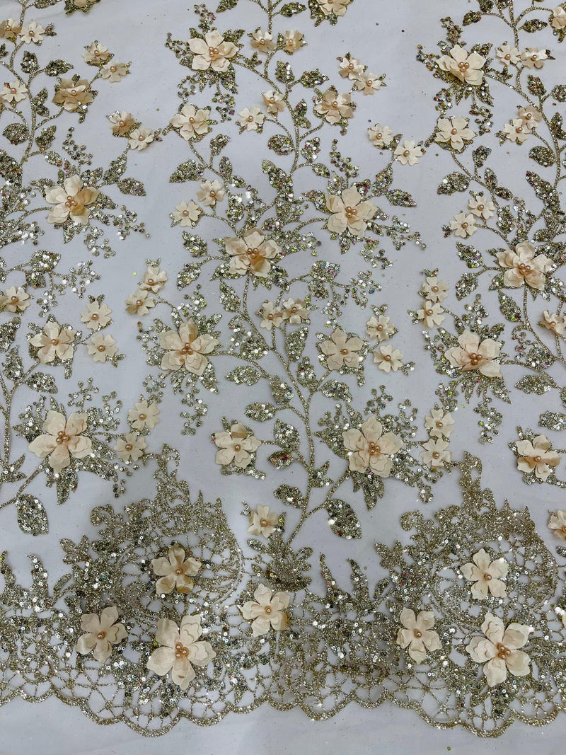 Princess Glitter 3d floral design embroidery with pearls in a mesh lace-sold by the yard.