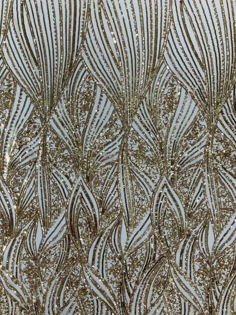 Geometric Feather wing shiny sequin design on a 4 way stretch mesh Fabric-old by the yard.