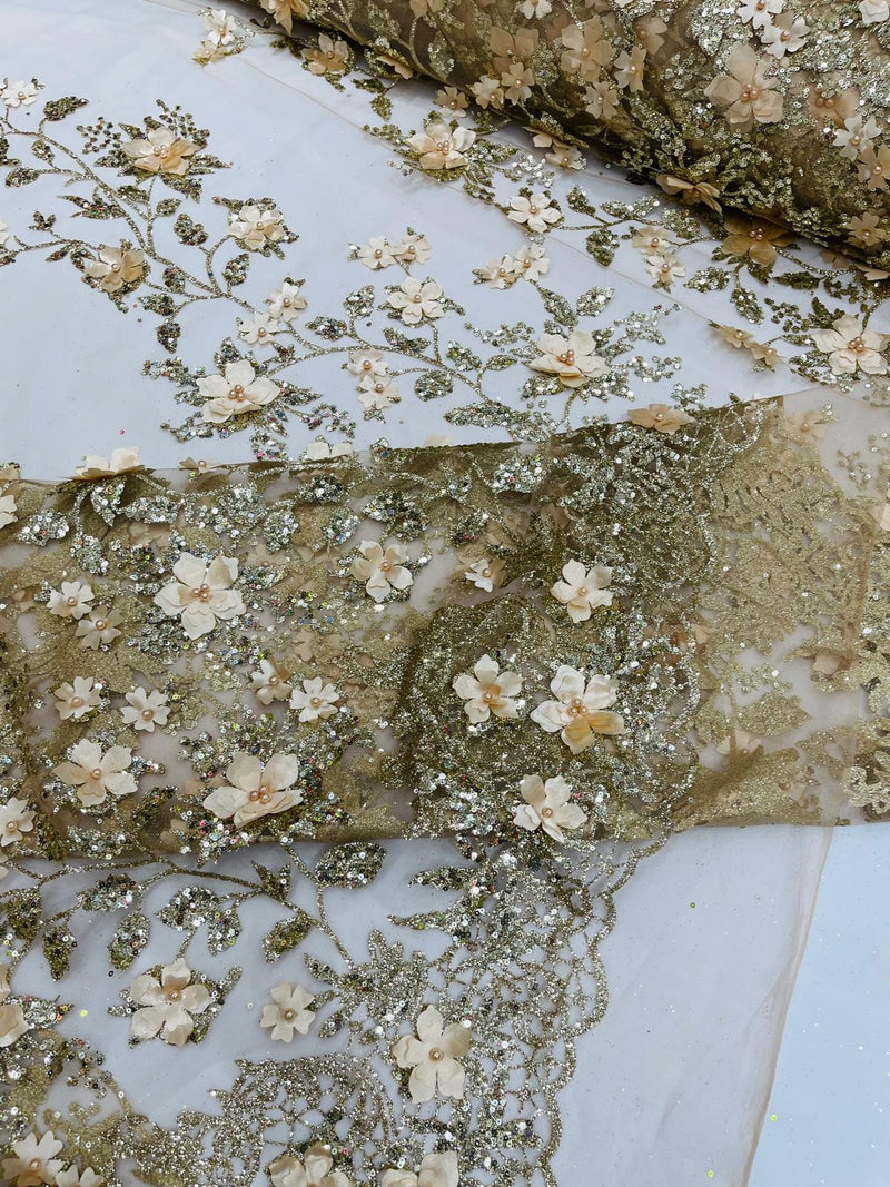 Princess Glitter 3d floral design embroidery with pearls in a mesh lace-sold by the yard.