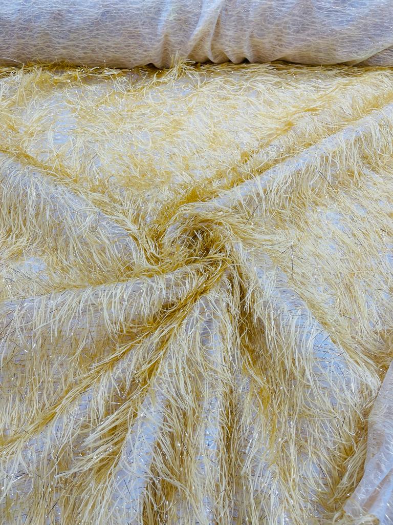 Gold Shaggy Jacquard Faux Ostrich/Eye Lash Feathers Fringe With Metallic Thread By The Yard