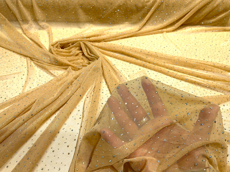 Gold Sheer All Over AB Rhinestones On Stretch Power Mesh Fabric, Dancewear- Sold By The Yard.