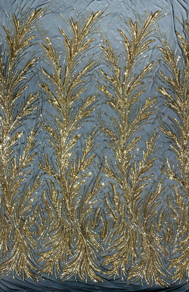 Feather Wing Shiny Sequin Design on a 4 Way Stretch mesh Fabric-Prom-Sold by The Yard.