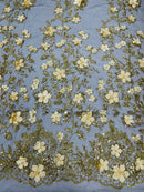 Princess Glitter 3d floral design embroidery with pearls in a mesh lace-sold by the yard.