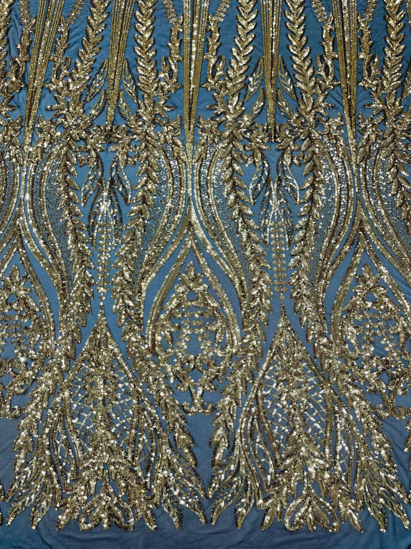 Damask design with sequins embroider on a 4 way stretch mesh fabric.