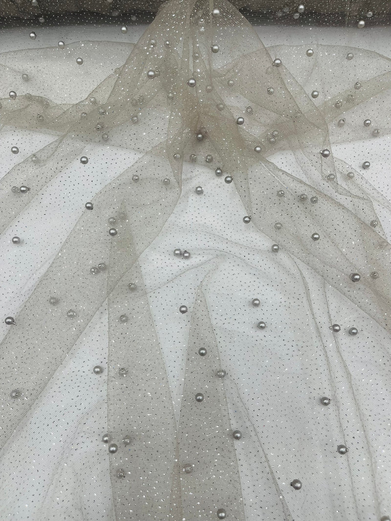 Pearl Glitter Studded Mesh, 2-Way Stretch Shimmer Mesh Fabric, Sold by the yard.