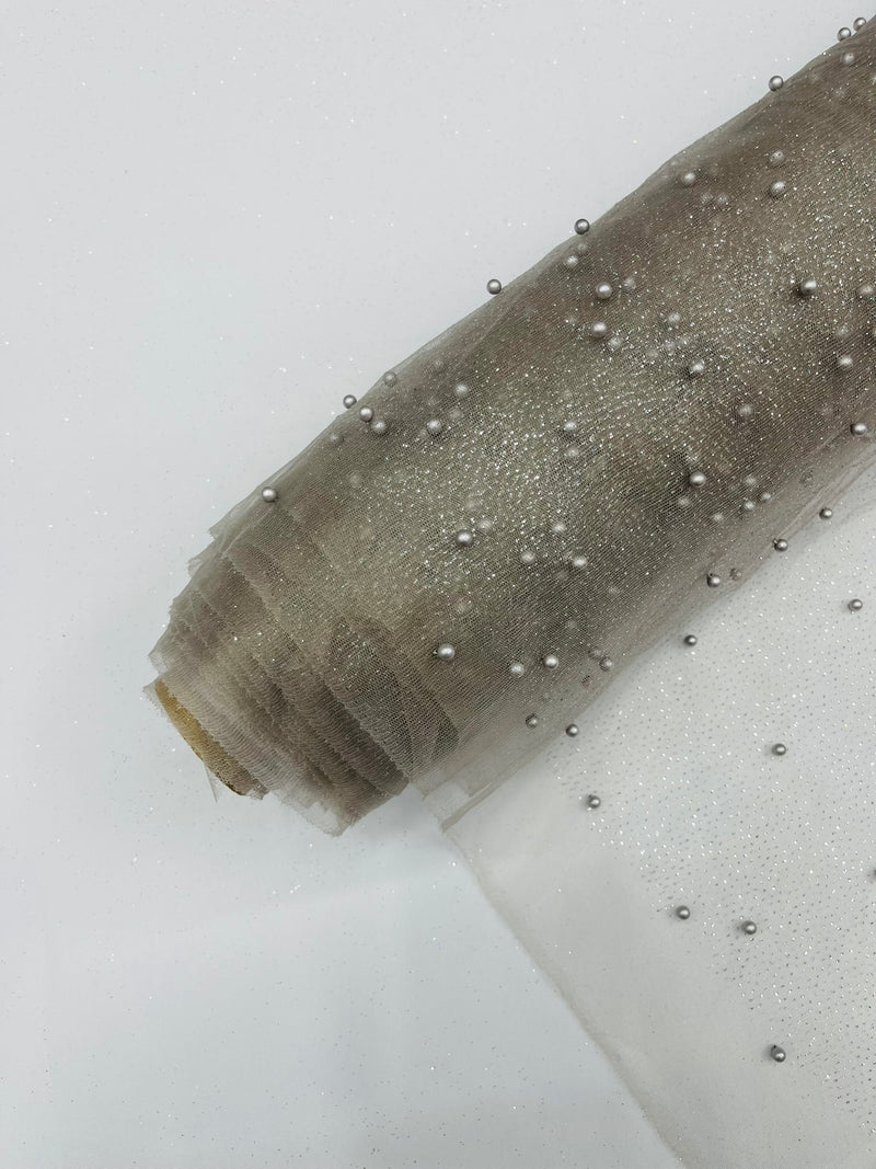 Pearl Glitter Studded Mesh, 2-Way Stretch Shimmer Mesh Fabric, Sold by the yard.