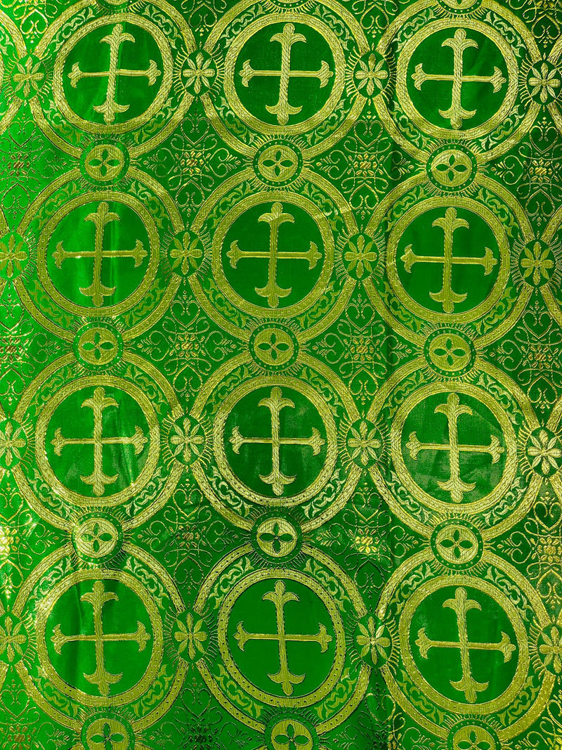 Green/Gold - Rectangular Metallic Cross Brocade Jacquard Satin Tablecloth Overlay/Religious Brocade/Liturgical Fabric/Church.