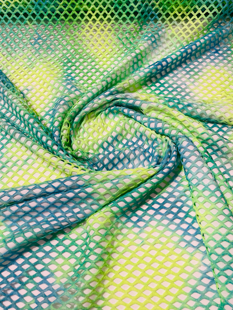 Green/Blue Fishnet diamond mesh tie dye with silver glitter 4way stretch 58"Wide/ByTheYard.