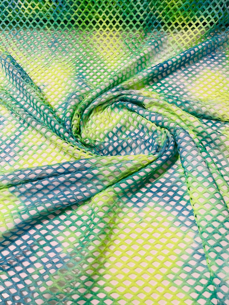Green/Blue Fishnet diamond mesh tie dye with silver glitter 4way stretch 58"Wide/ByTheYard.