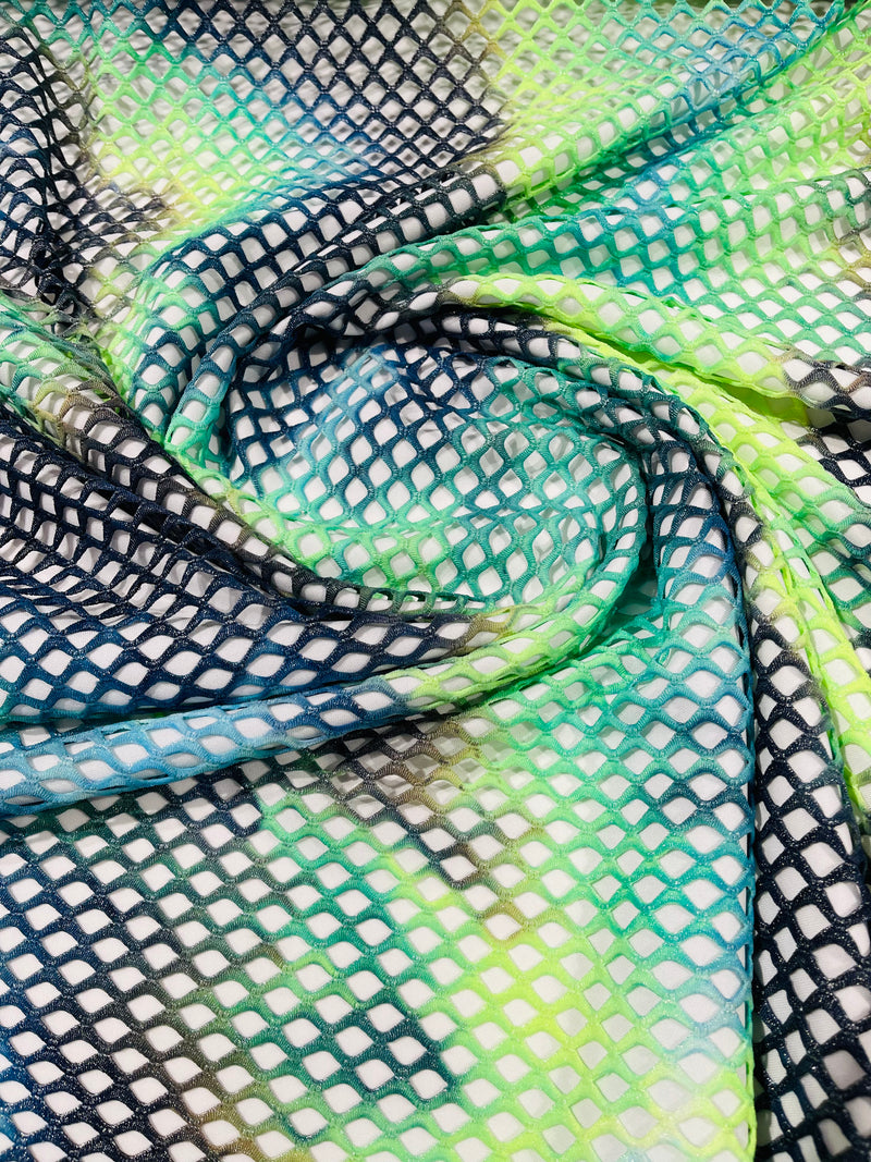 Green/Navy Blue Fishnet diamond mesh tie dye with silver glitter 4way stretch 58"Wide/ByTheYard.