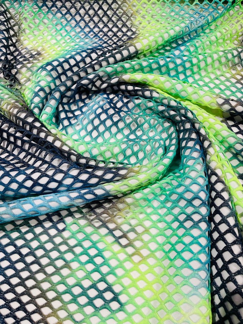 Green/Navy Blue Fishnet diamond mesh tie dye with silver glitter 4way stretch 58"Wide/ByTheYard.
