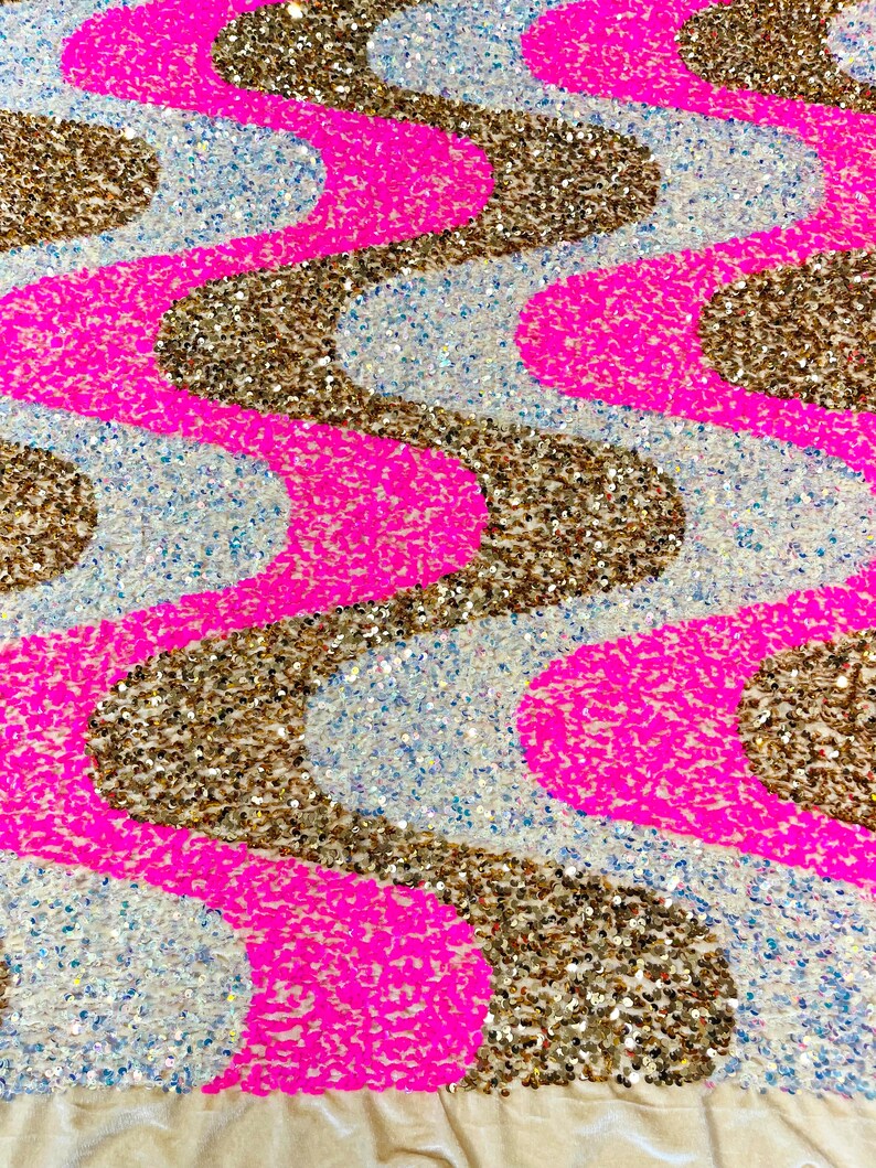 Hot Pink/Gold/Clear Iridescent Sequin Wave Design stretch Velvet All Over Sequin.